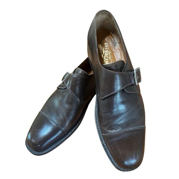 Salvatore Ferragamo Dark Brown Leather Plain Toe Monk Strap Oxford Size 11.5 D main image 11